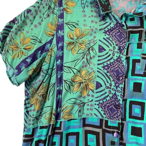 Vintage Plus Size 2 Piece Set 22W 24W Teal Patchwork Rayon Pants Shirt Outfit - Picture 10 of 16